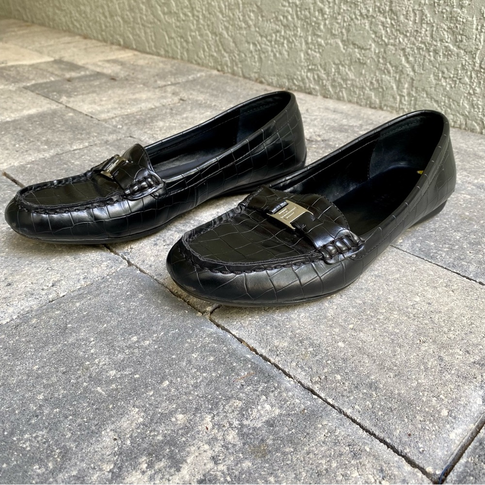 Ralph Lauren Careigh Black Alligator Print Loafers Slip On Womens Loafers 9 EUC
